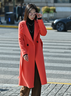 2026新款全羊毛手工爱马橙色女大衣修身显瘦中长款毛呢外套