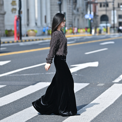 加长款鱼尾豹纹加厚加绒半裙长裙