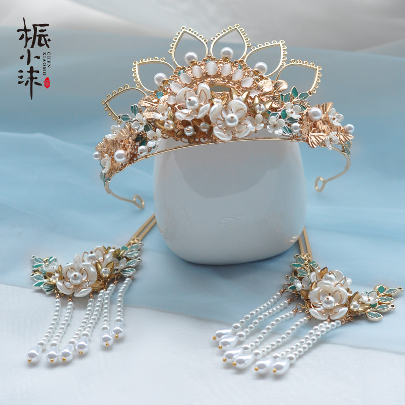 桭小沫洛城头冠手工diy材料包汉服古风发冠发钗流苏花瓣对钗自制