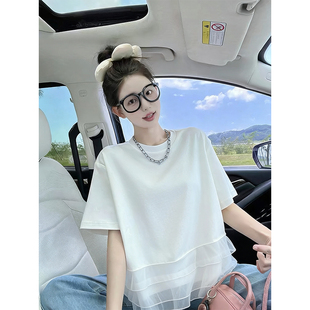 设计感不规则下摆蕾丝边拼接短袖 新款 时尚 洋气上衣 T恤女2026夏季