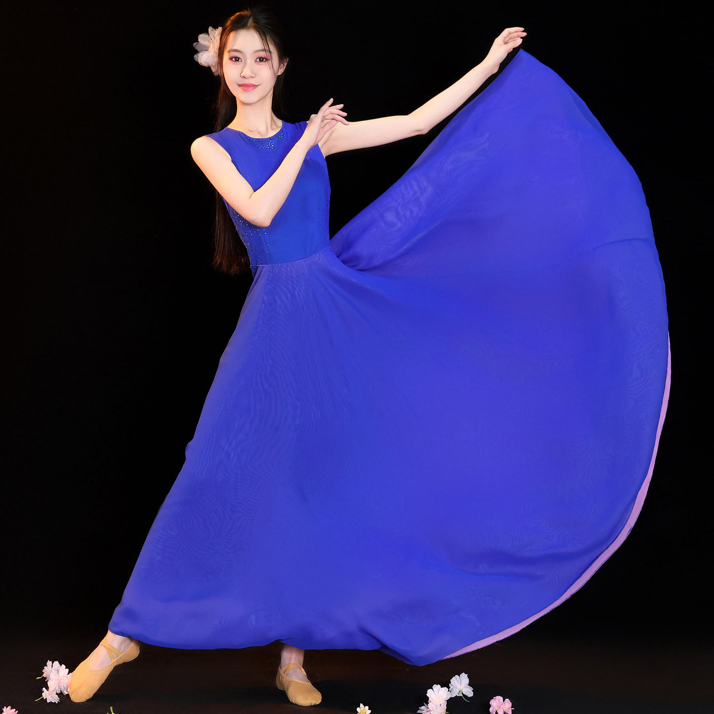 春晚同款梦底舞蹈服新款古典舞演出服蓝色飘逸现代舞大摆连衣裙女