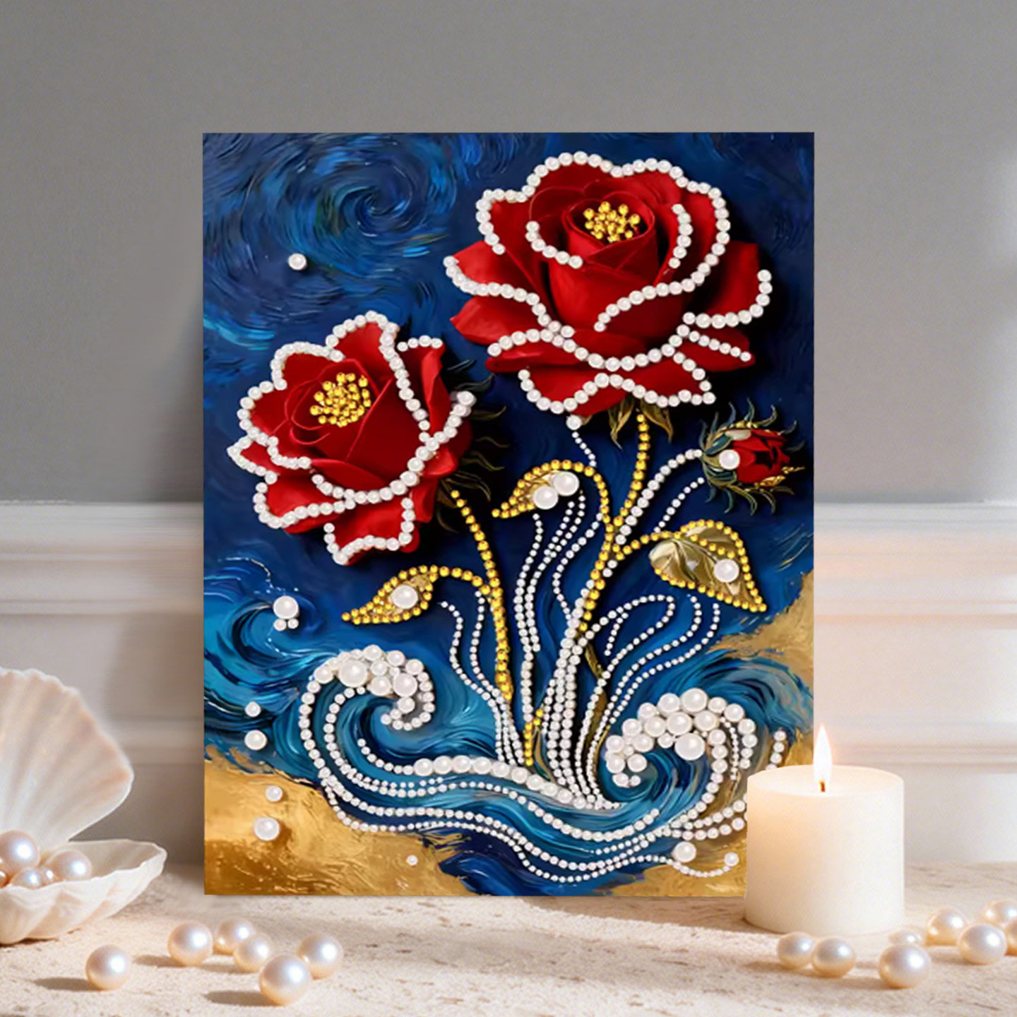 珠浪红玫 2026新款DIY珍珠画新中式手工制作立体客厅装饰