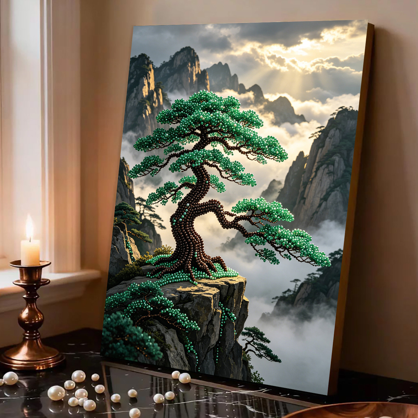 2026新款珍珠画黄山迎客松DIY手工钻石贴画高级材料包客厅装饰画