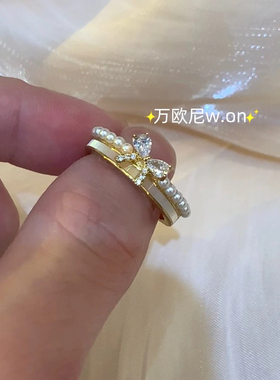 轻奢蝴蝶结珍珠锆石开口女戒