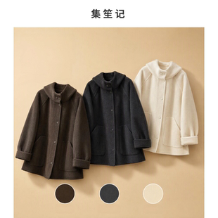 韩系连帽羊绒双面呢羊毛大衣女单排扣秋冬毛呢外套通勤宽松秋冬新