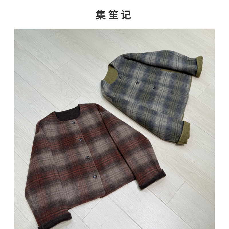 圆领短款格纹羊毛大衣女复古百搭