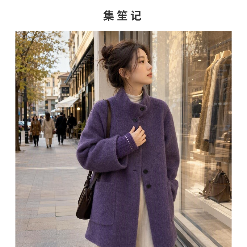 中长款立领羊毛大衣女七分袖秋冬
