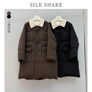 高端翻领拼接羽绒服女中长款牛角扣加厚90白鸭绒外套新款冬季驼色
