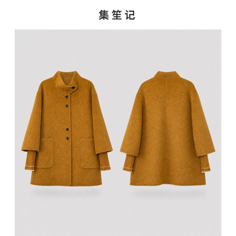 中长款立领羊毛大衣女七分袖秋冬