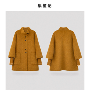 中长款立领羊毛大衣90%羊毛5%羊绒5%桑蚕丝七分袖显瘦秋冬女外套