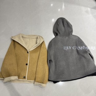 连帽拼接设计双面羊毛大衣短款韩系宽松休闲羊毛呢外套秋冬新款女