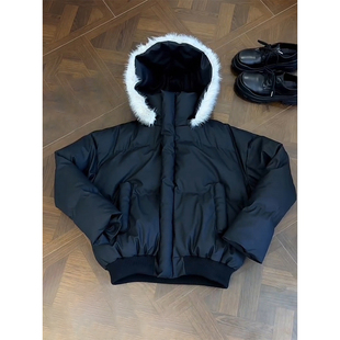 黑色美式短款毛领羽绒棉服男冬季高级感加厚cleanfit三防连帽外套