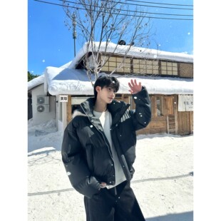 H TONIC 连帽pu皮棉衣短款加厚冬季保暖宽松百搭男情侣纯色面包服