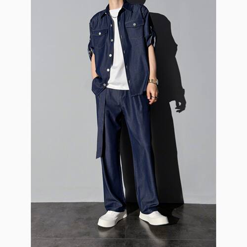 莱德的搭配 时尚宽松软牛仔套装夏季男薄款短袖衬衫裤子两件套潮