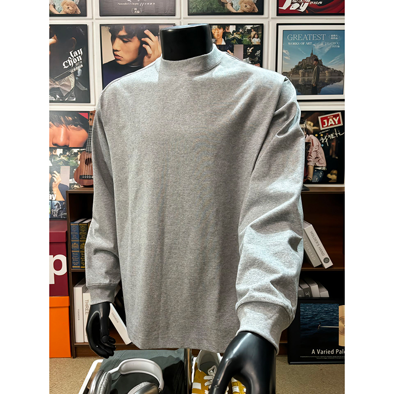 花灰色美式重磅长袖t恤男秋冬纯棉小领口卫衣正肩圆领内搭打底衫