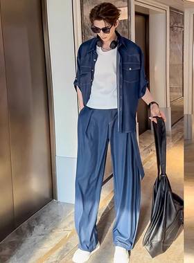 松弛感牛仔衬衫套装男款夏季薄款冰丝垂坠感短袖高级感搭配一套