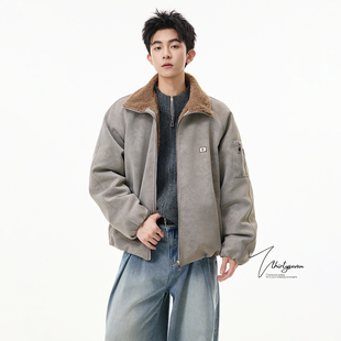 V37美式高街vintage灰色保暖棉服男款冬季潮牌痞帅工装风PU皮棉衣
