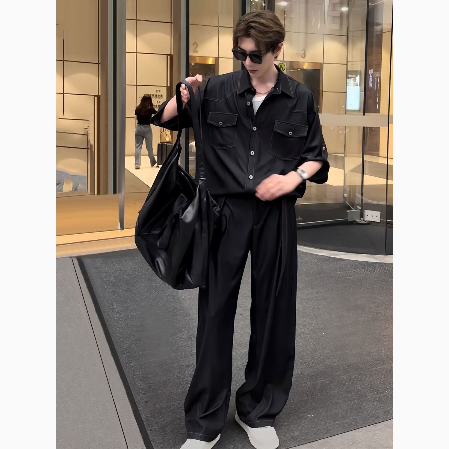 CGSYJ休闲牛仔衬衣套装男夏季薄款痞帅宽松设计感衬衫长裤两件套