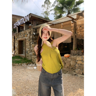 巴胺自留款 休闲纯欲辣妹交叉挂脖针织背心 显瘦纸片人时髦松弛夏季