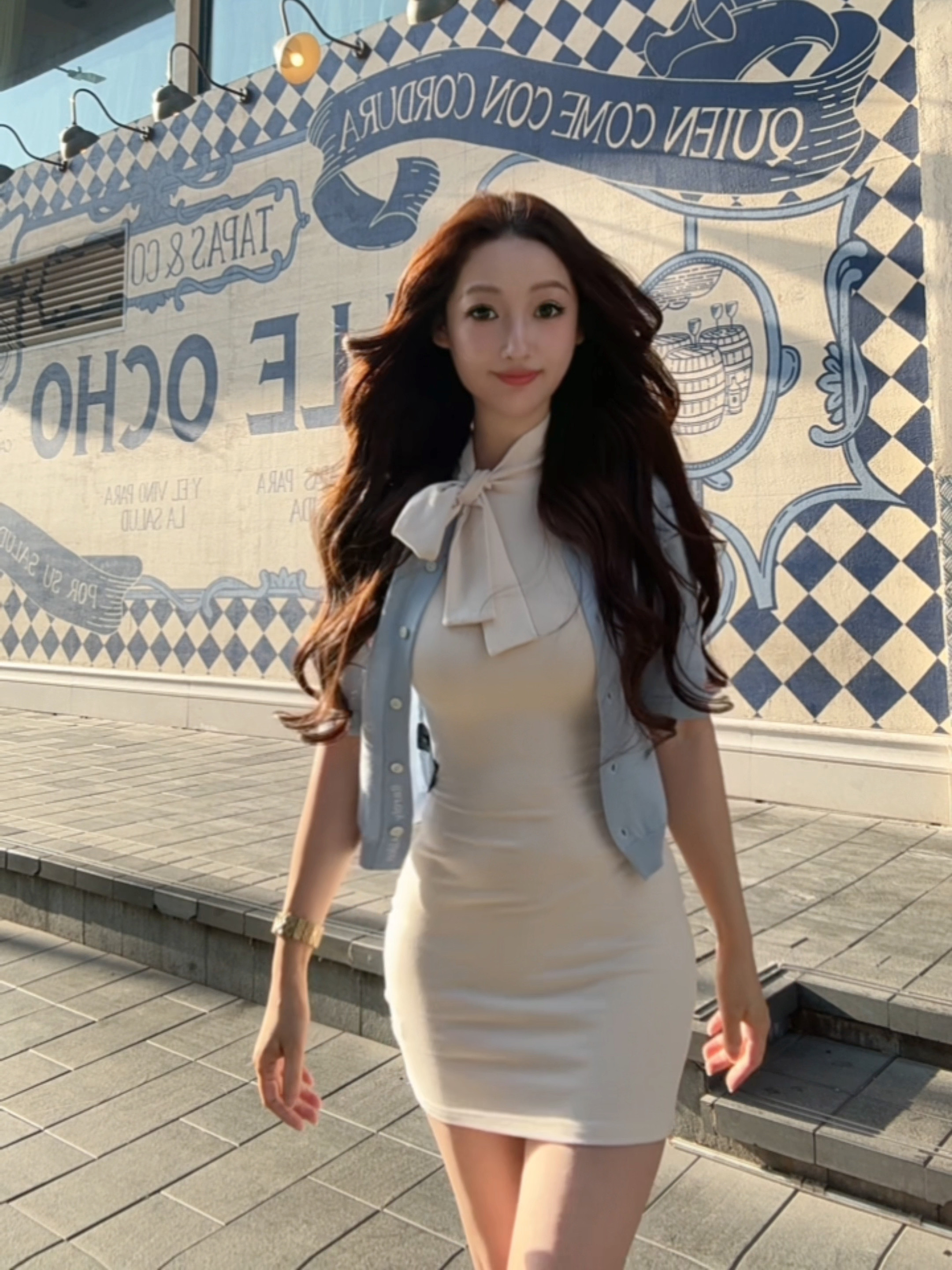 HALOCICI 韩女气质系带修身裸色中袖连衣裙 自留