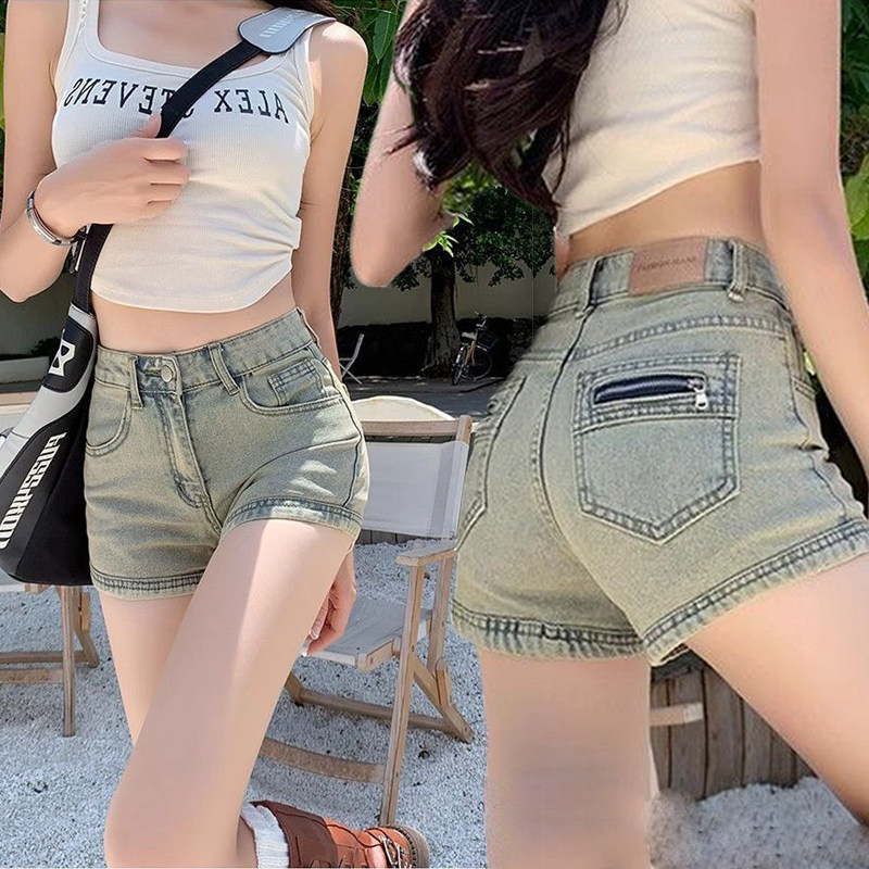 做旧牛仔短裤女春夏新款高腰修身显瘦小众辣妹a字紧身包臀热裤子