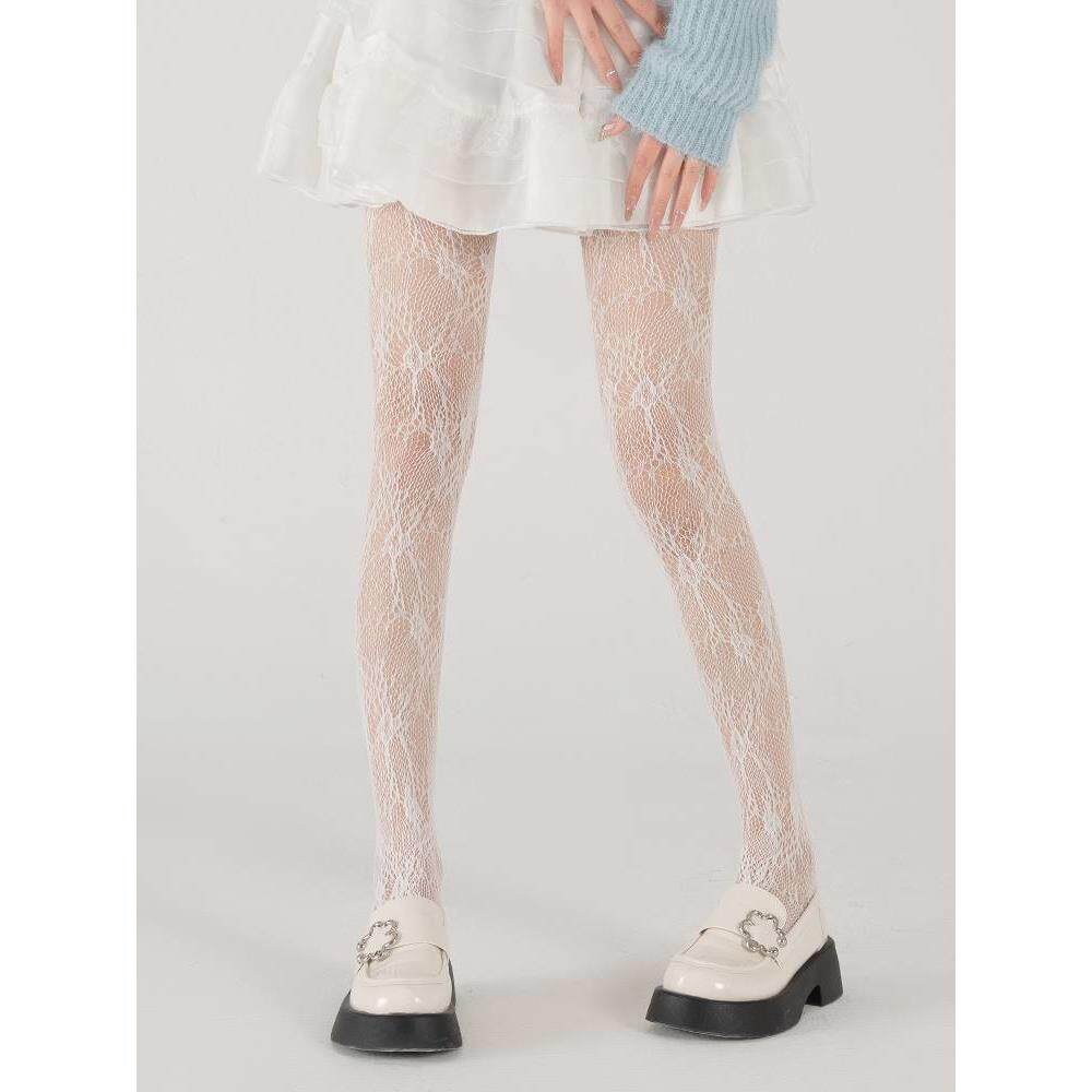 新款复古花藤白色渔网袜女春秋y2k亚文化辣妹白丝网格丝袜连裤袜
