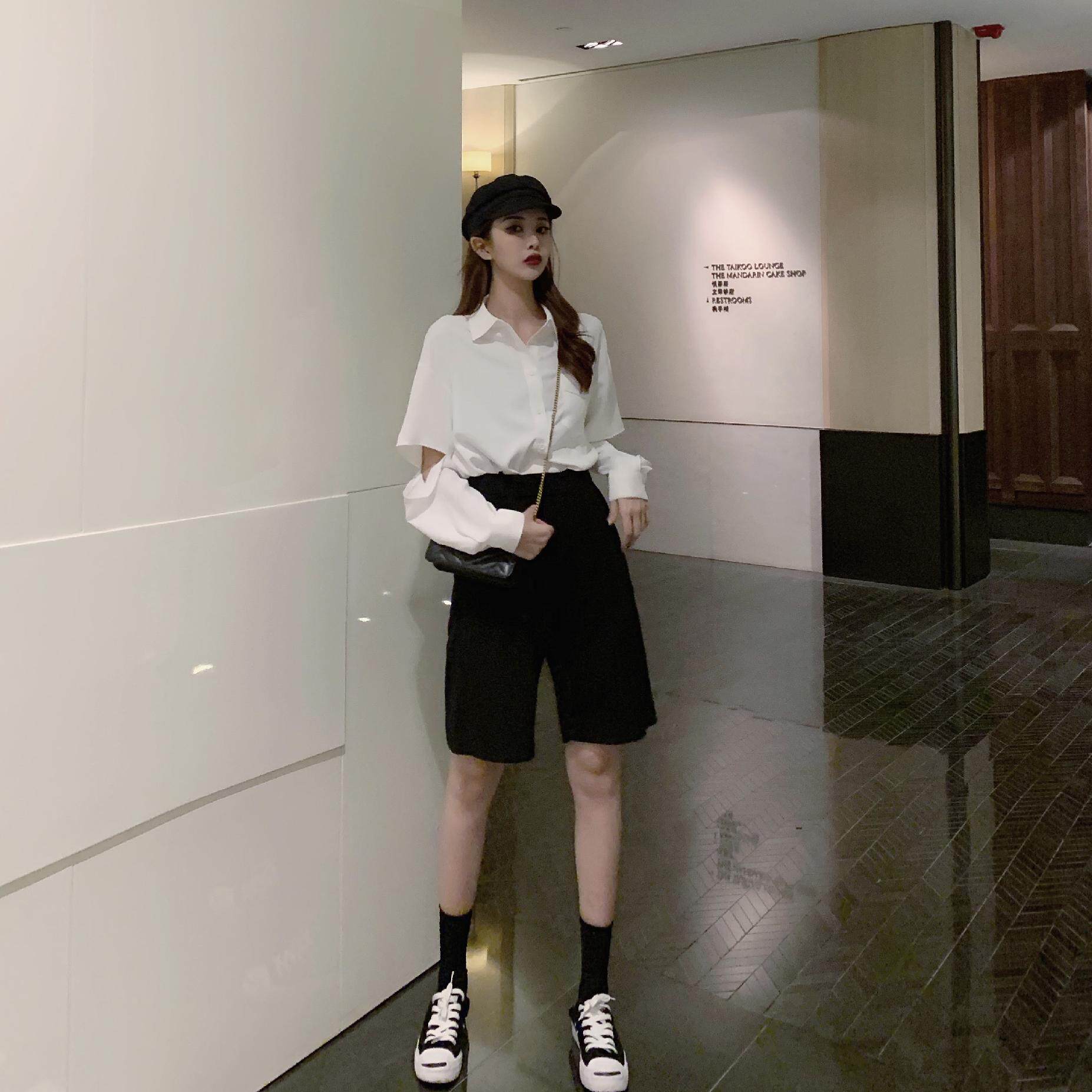 2019夏季新款女时尚破洞韩版防晒设计感长袖衬衫衬衣+西装中裤潮|ruв категории Женская одежда, рубашка - от Buy2taobao.com для оказания профессиональной услуги покупки агента Taobao