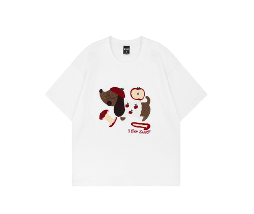 CUWU美式复古狗狗印花慵懒风短袖T恤男女趣味休闲ins情侣男女同款