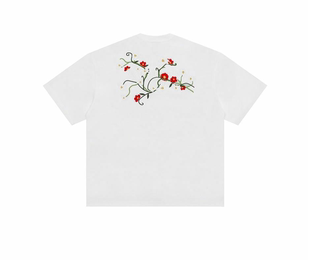 男女同款 work T恤 街头潮牌复古重磅藤蔓花卉圆领短袖 美式