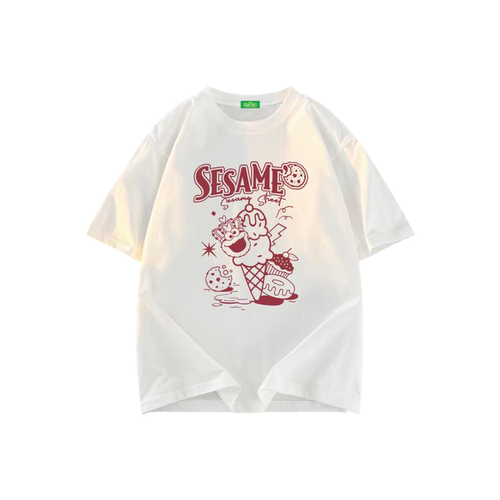 WORK 美式高街纯色简约趣味卡通图案涂鸦印花短袖T恤 男女同款