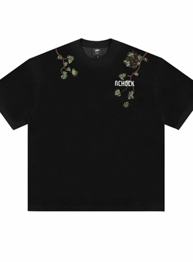 A chock 中国风迎客松印花潮牌美式圆领休闲宽松短袖T恤 男女同款