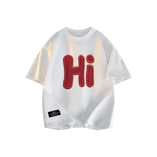 男女同款 金贝勒 T恤 潮流仿刺绣字母Hi印花宽松休闲短袖 美式