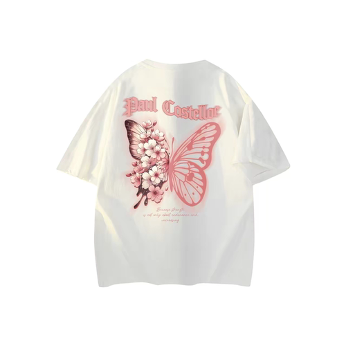 WORK 哥特风樱花蝴蝶解构美学品牌logo字母印花短袖T恤 男女同款