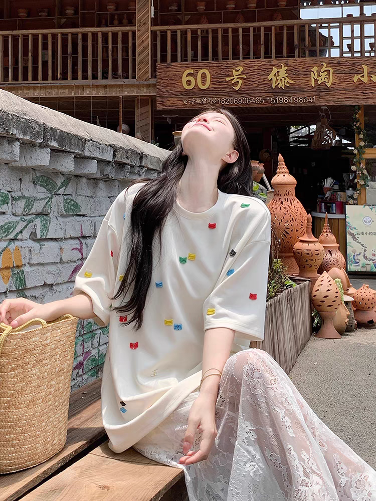 重工彩色刺绣短袖t恤女2025新款夏季小众设计感美式宽松上衣