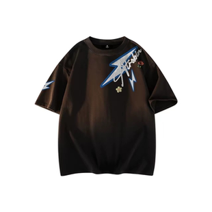 男女同款 罗宾H T恤 高街复古仿刺绣印花闪电签字体印花短袖 美式