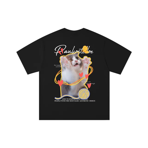 WORK 可爱风小猫爱心毛线团品牌logo字母印花短袖T恤 男女同款