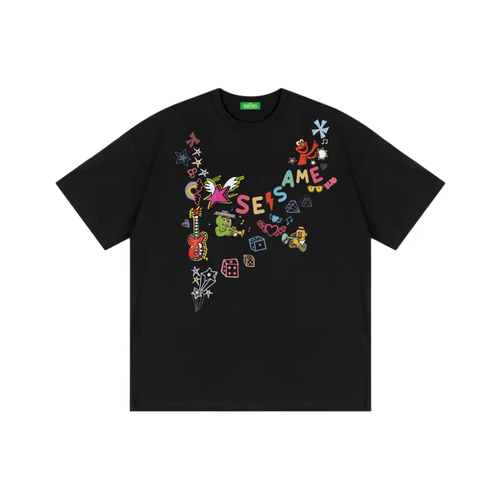 WORK 美式高街趣味卡通手绘图案印花小众设计短袖T恤 男女同款