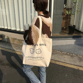 ins日系可爱白色帆布包少女休闲文艺单肩斜跨包大容量学生手提袋