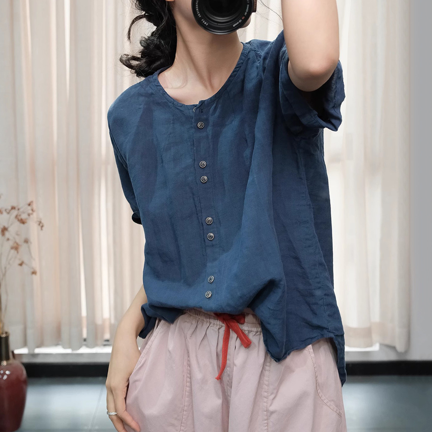 古与色韩版文艺前短后长宽松大码衬衣短袖高品质亚麻衬衫女夏上衣