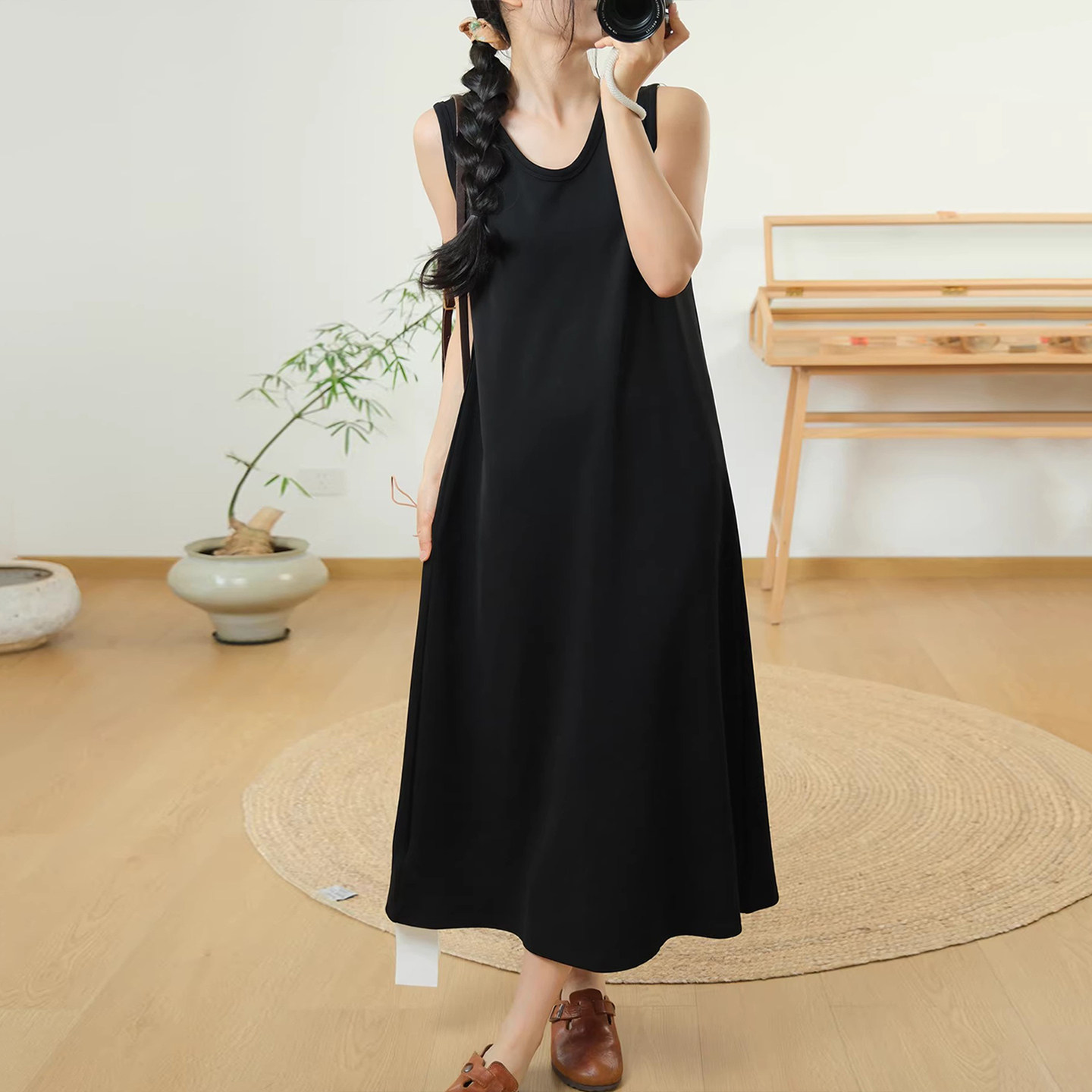 古与色 夏季韩版简约U领宽松腰大摆中长裙舒适纯棉打底背心连衣裙