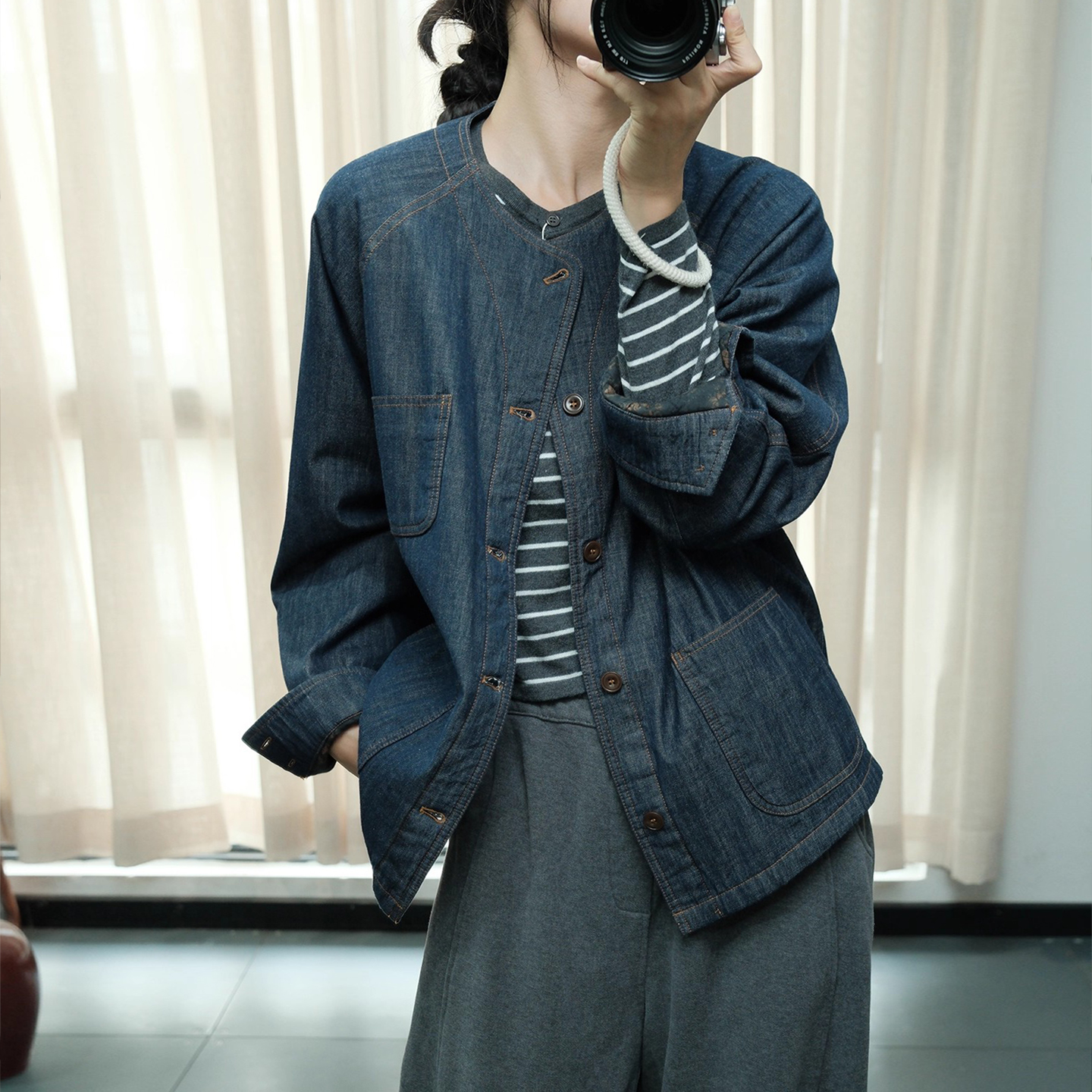 文艺水洗宽松牛仔夹棉短外套女冬