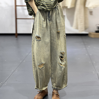 哈伦裤长裤牛仔夏女高腰破洞做旧