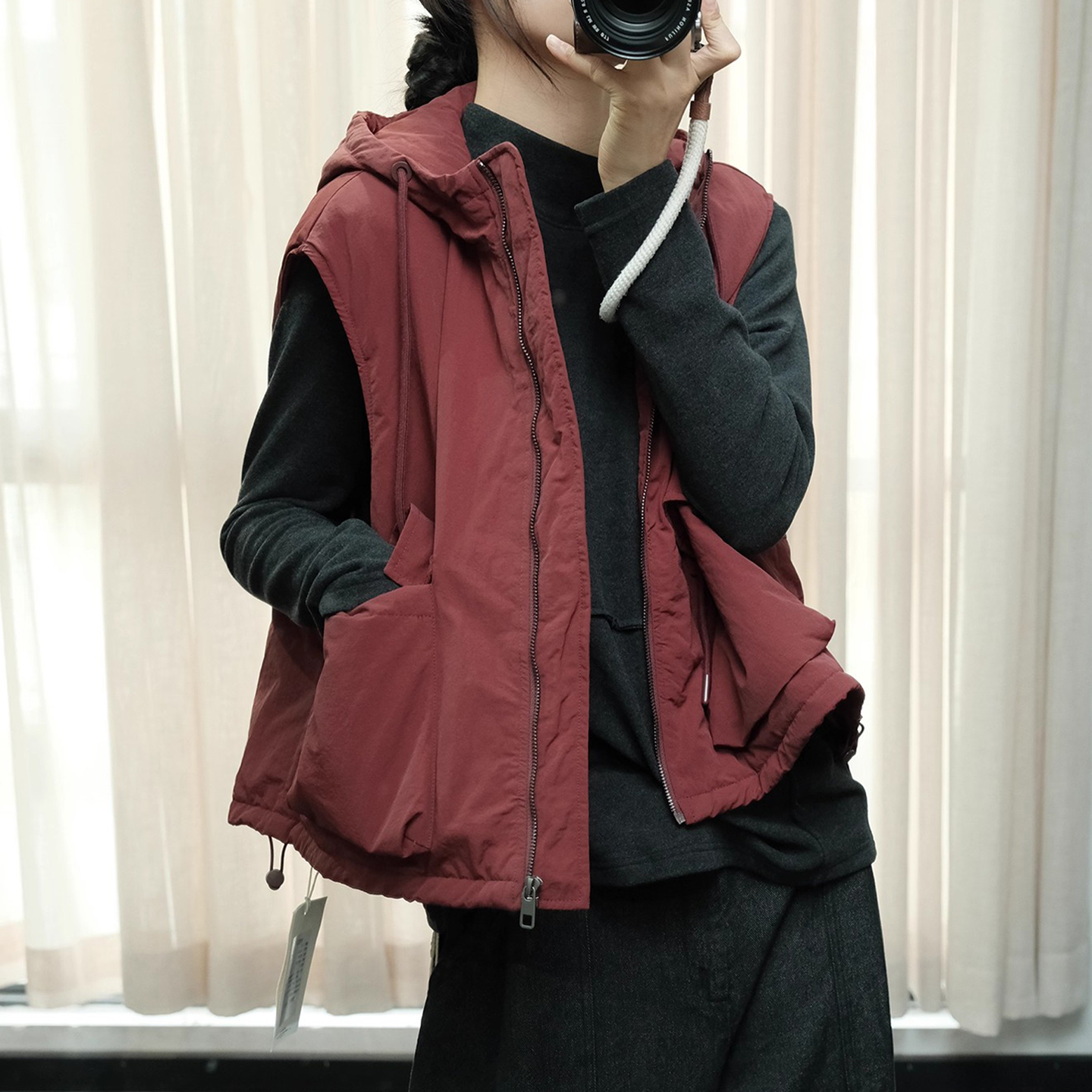 韩版连帽宽松夹棉外套棉服马甲女