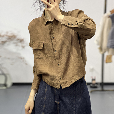 宽松文艺开衫长袖亚麻衬衫上衣女