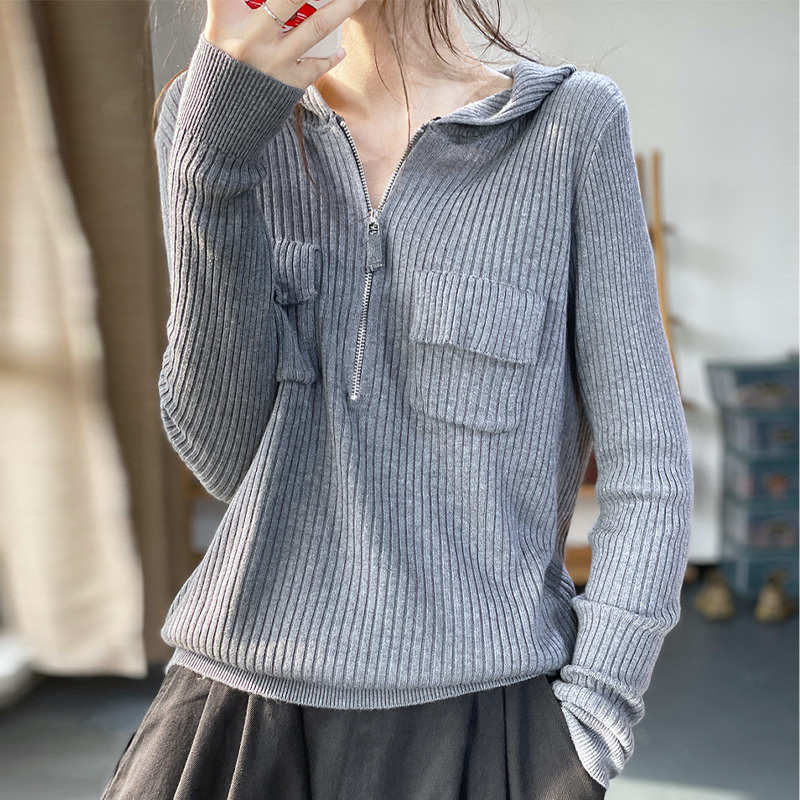 坑条修身显瘦半拉链弹力针织衫