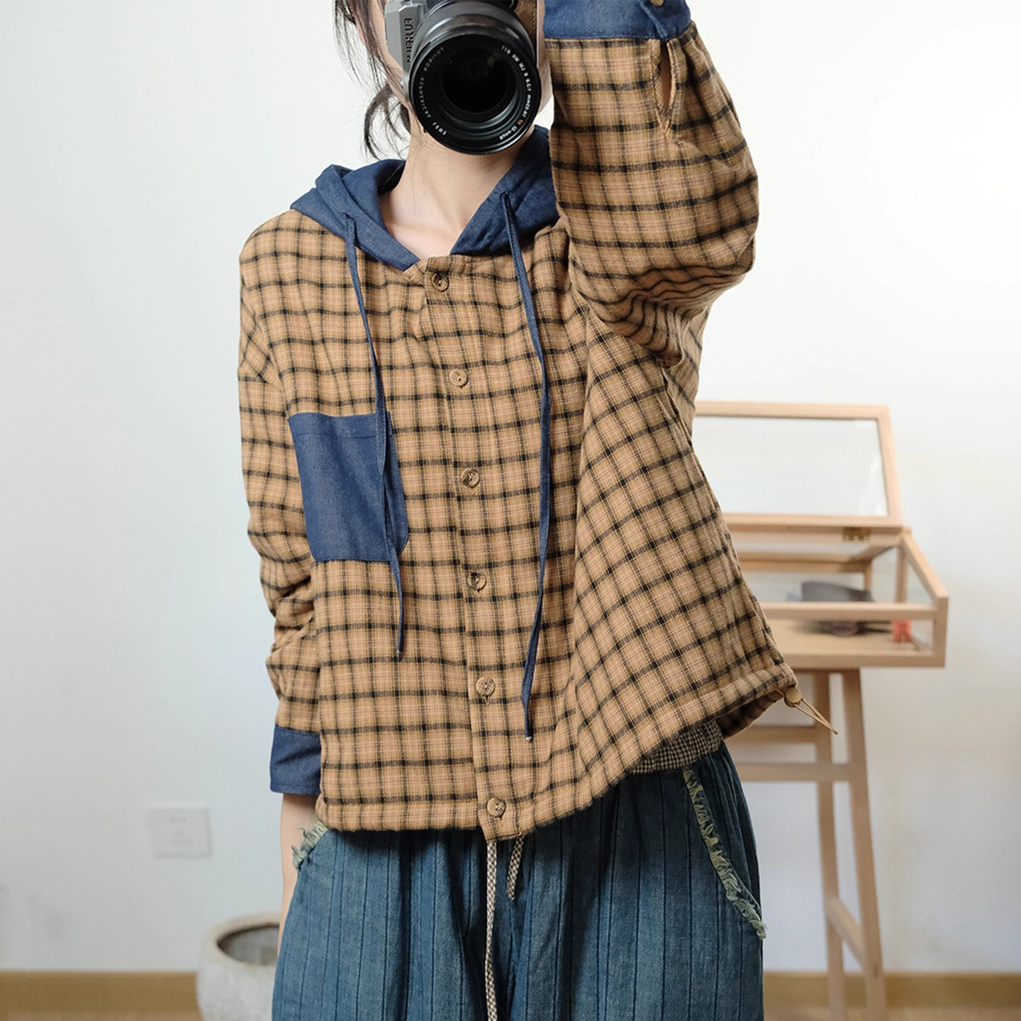 古与色冬季韩版复古连帽宽松大码套头保暖亚麻夹棉格子衬衫棉衣女