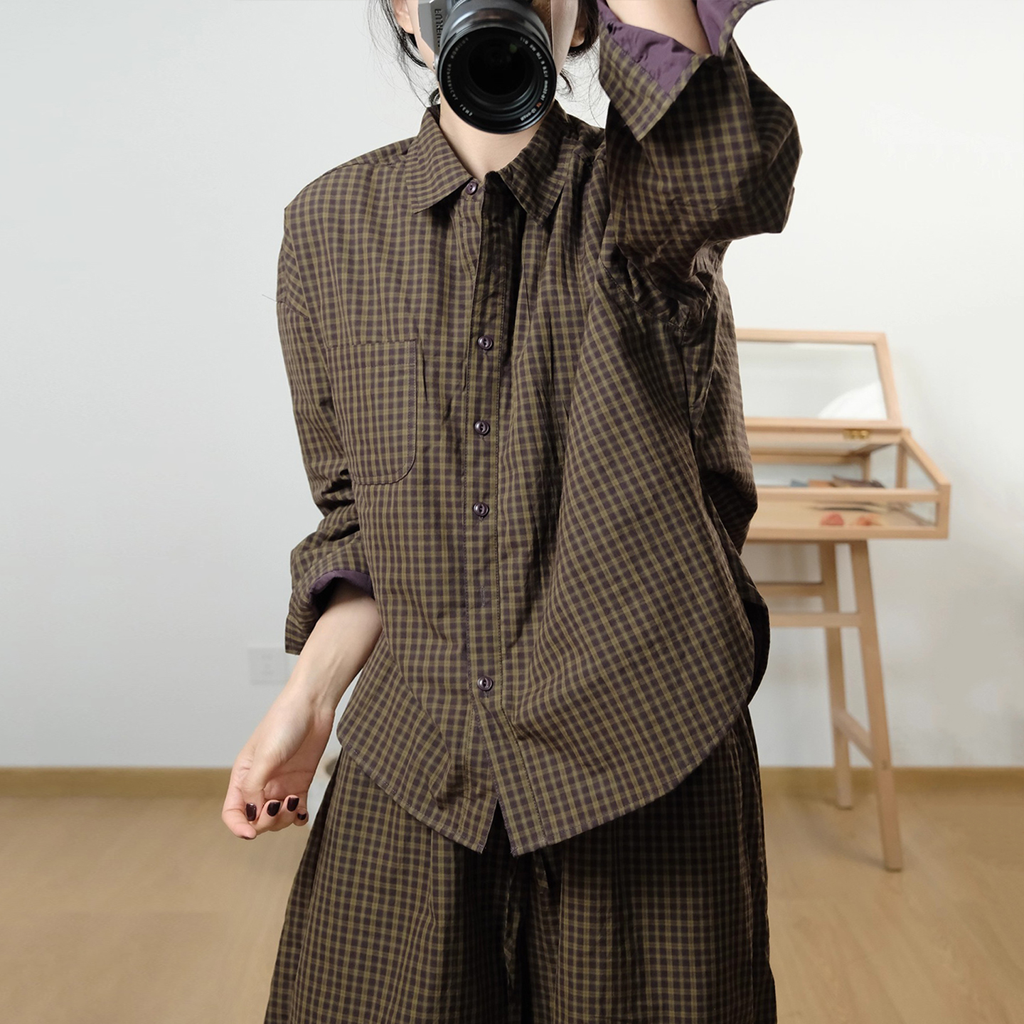 韩版宽松夹棉格子衬衫外套棉服女