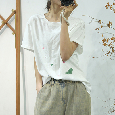 短袖文艺印花纯棉女T恤上衣夏季