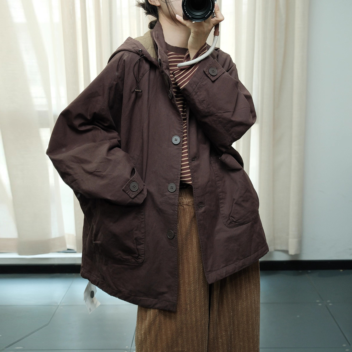 冬季新品韩版复古简约风双口袋连帽宽松休闲减龄中长夹棉棉服外套