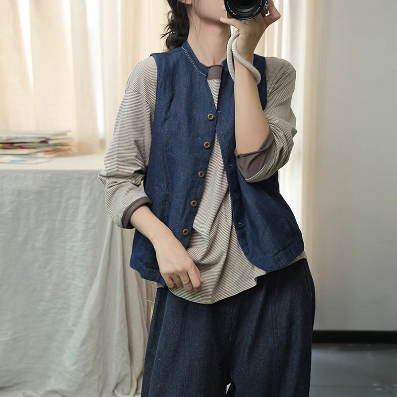 宽松复古开衫无袖麻棉绣花马甲